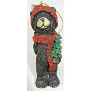 Black Bear Holding Little Christmas Tree Ornament Red Hat and Scarf Stoneware